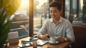 Profesional muda Indonesia sedang menabung dan mencatat keuangan di kafe dengan laptop dan amplop tabungan.