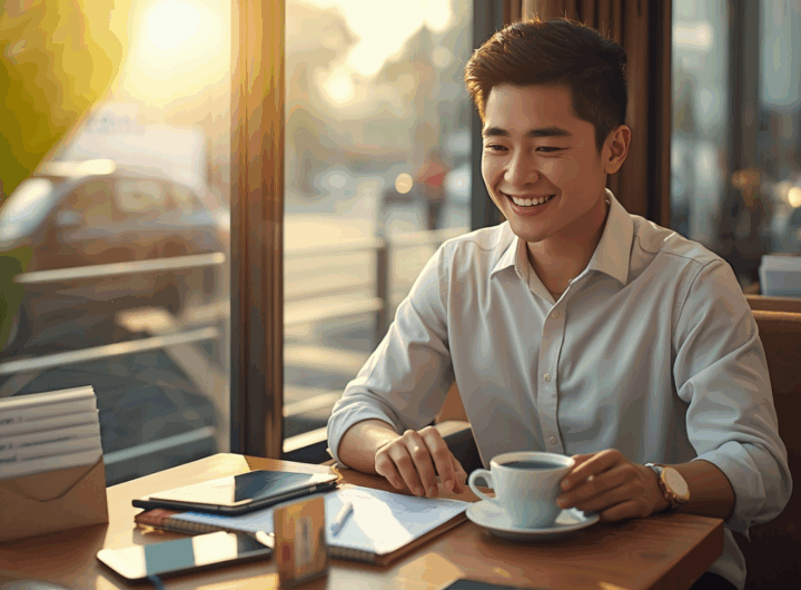 Profesional muda Indonesia sedang menabung dan mencatat keuangan di kafe dengan laptop dan amplop tabungan.