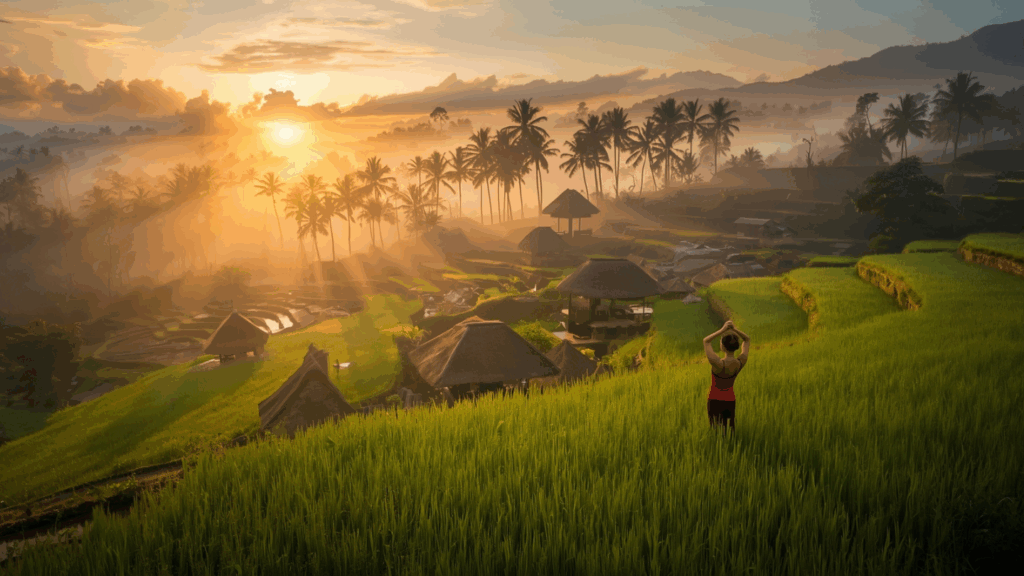 Pemandangan sawah bertingkat di Ubud Bali saat matahari terbenam