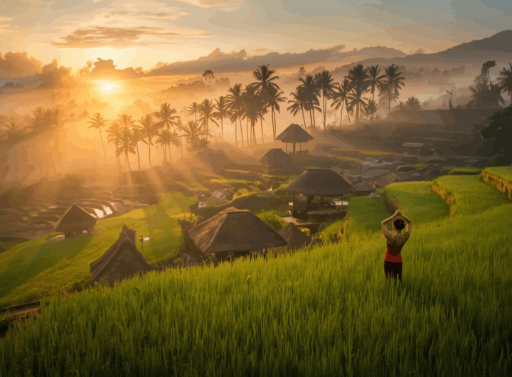 Pemandangan sawah bertingkat di Ubud Bali saat matahari terbenam