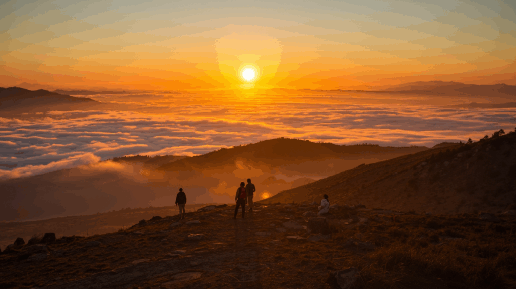 Sunrise di Bukit Sikunir Dieng dengan lapisan awan dan siluet pegunungan.