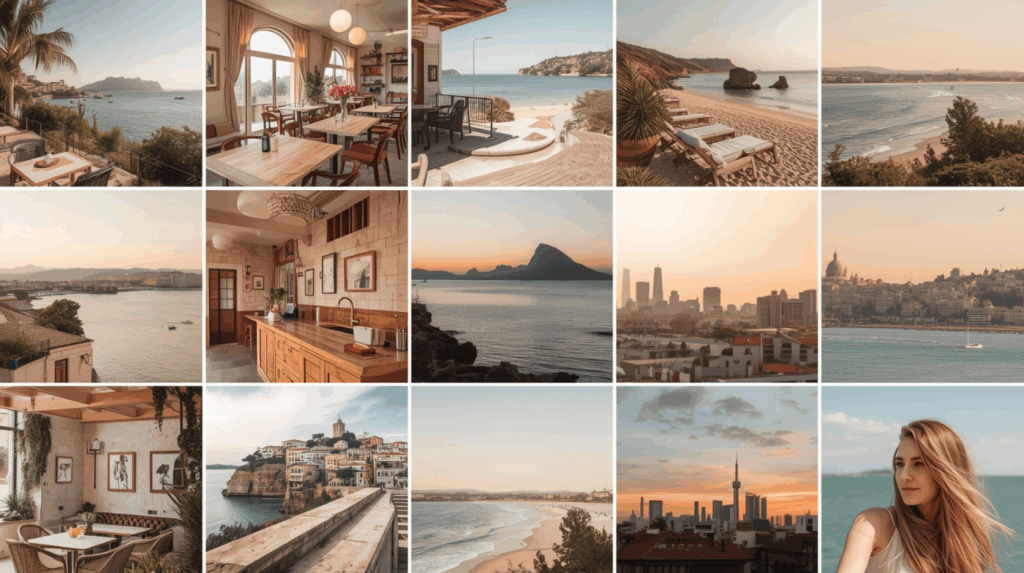 Tampilan grid Instagram 3x3 dengan foto perjalanan bertema hangat, menampilkan pemandangan, kafe, dan gaya hidup travel influencer.