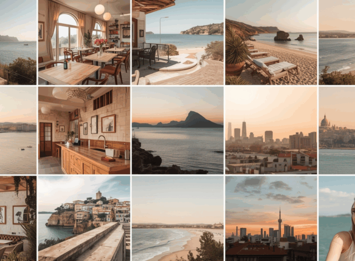 Tampilan grid Instagram 3x3 dengan foto perjalanan bertema hangat, menampilkan pemandangan, kafe, dan gaya hidup travel influencer.