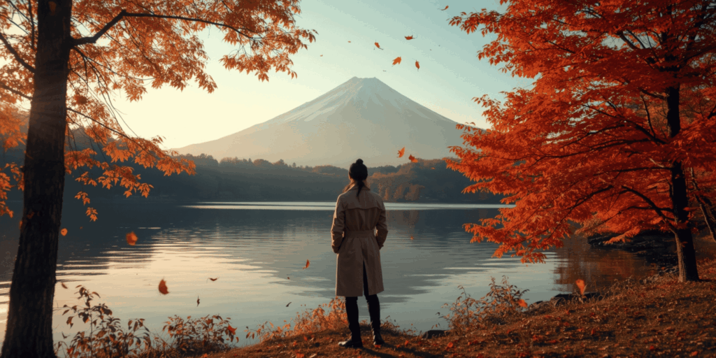 Traveler menikmati keindahan musim gugur di Asia dengan latar Gunung Fuji dan pepohonan maple berwarna merah keemasan.