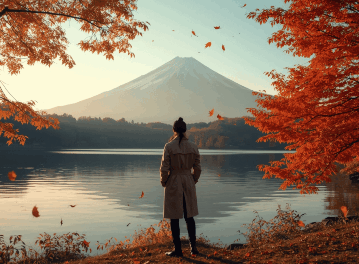 Traveler menikmati keindahan musim gugur di Asia dengan latar Gunung Fuji dan pepohonan maple berwarna merah keemasan.