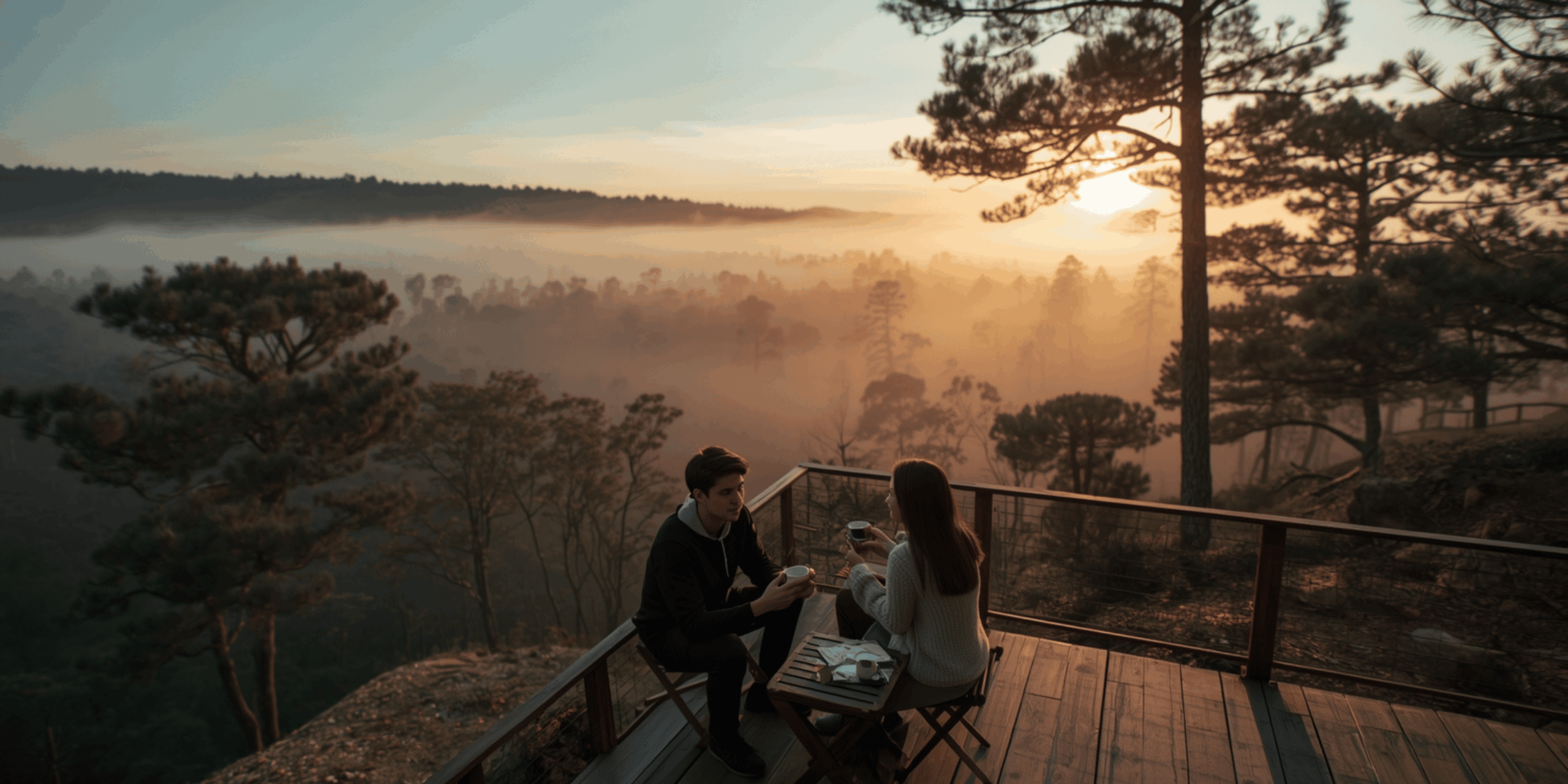 Pasangan menikmati kopi pagi di glamping Bogor dengan latar hutan pinus dan kabut tipis.