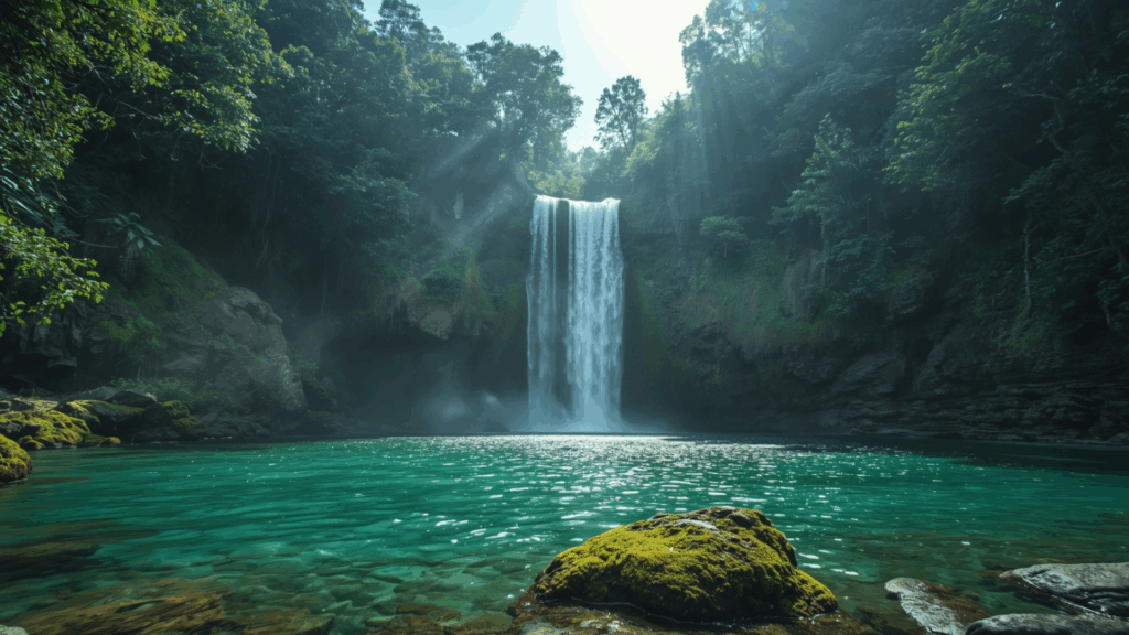 Air terjun kembar Tiu Teja di Lombok Utara dengan pelangi alami di tengah hutan tropis.