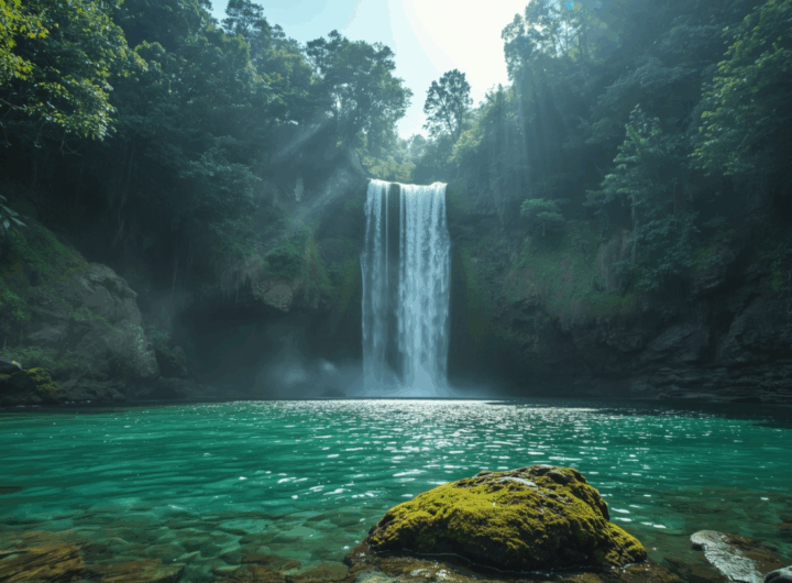 Air terjun kembar Tiu Teja di Lombok Utara dengan pelangi alami di tengah hutan tropis.