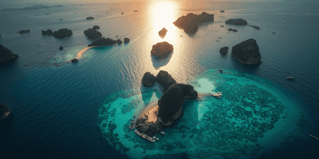 Pemandangan udara Pulau Sombori di Sulawesi Tenggara dengan gugusan pulau karst di atas laut biru toska yang jernih saat matahari sore.