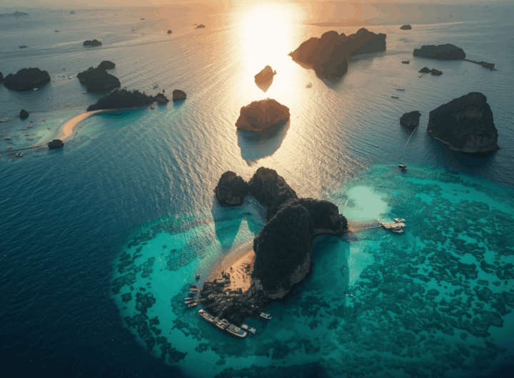 Pemandangan udara Pulau Sombori di Sulawesi Tenggara dengan gugusan pulau karst di atas laut biru toska yang jernih saat matahari sore.