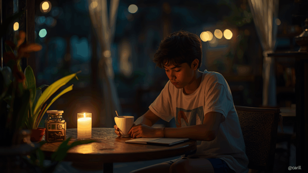 Traveler muda menulis jurnal di kafe kecil Ubud sambil menikmati kopi malam hari.