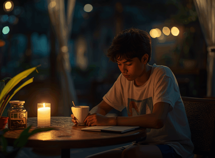 Traveler muda menulis jurnal di kafe kecil Ubud sambil menikmati kopi malam hari.