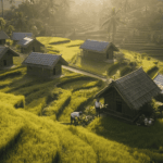 Desa wisata hijau di Bali Utara dengan pondok bambu dan sawah hijau di bawah sinar matahari pagi.