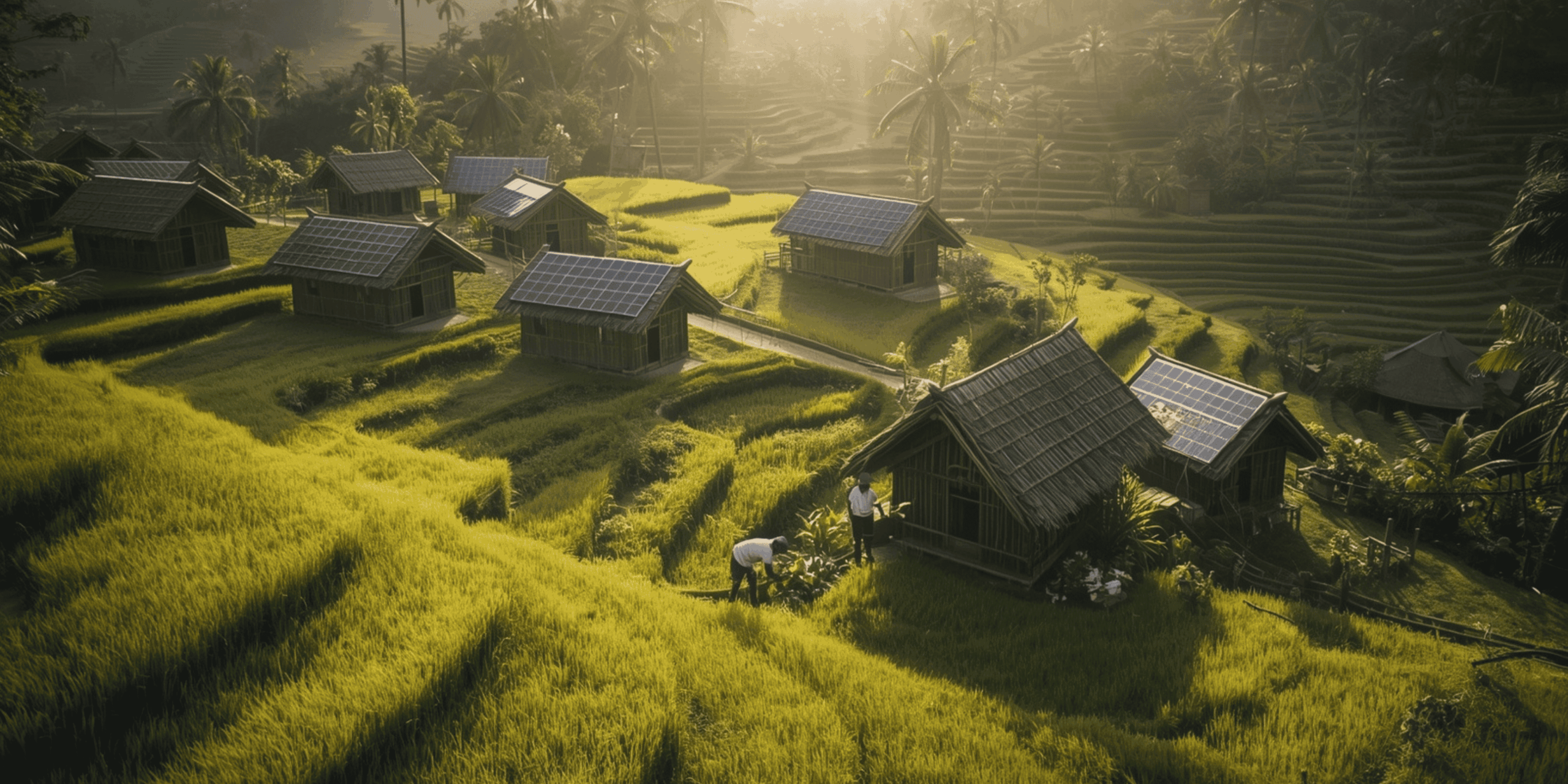 Desa wisata hijau di Bali Utara dengan pondok bambu dan sawah hijau di bawah sinar matahari pagi.