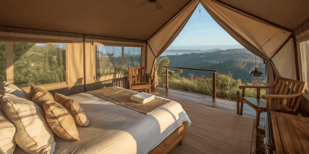 "Glamping Tent in Indonesia Surrounded by Lush Greenery with Mountain View at Sunset"