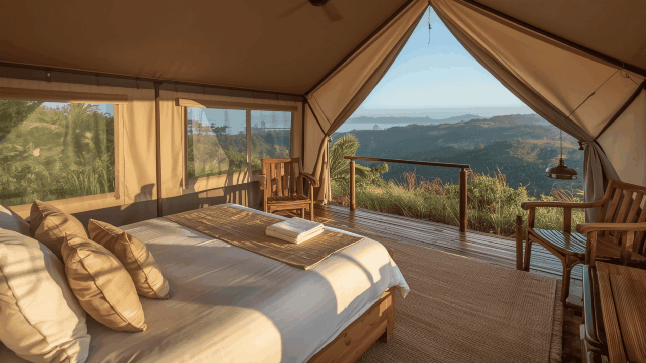 "Glamping Tent in Indonesia Surrounded by Lush Greenery with Mountain View at Sunset"
