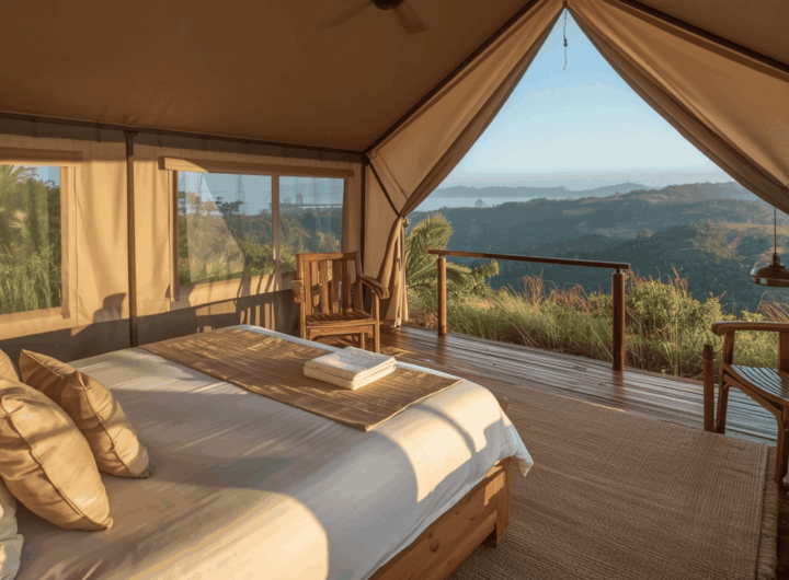 "Glamping Tent in Indonesia Surrounded by Lush Greenery with Mountain View at Sunset"