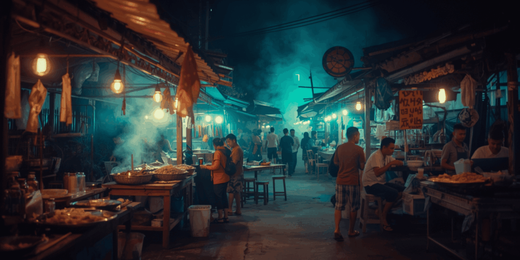 “Suasana malam di pasar kuliner lokal Indonesia yang ramai dan penuh aroma makanan tradisional.”
