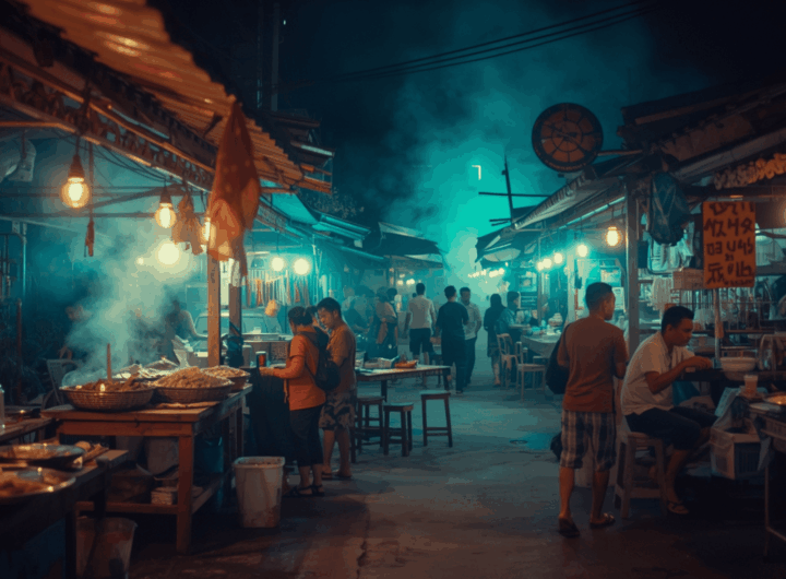 “Suasana malam di pasar kuliner lokal Indonesia yang ramai dan penuh aroma makanan tradisional.”