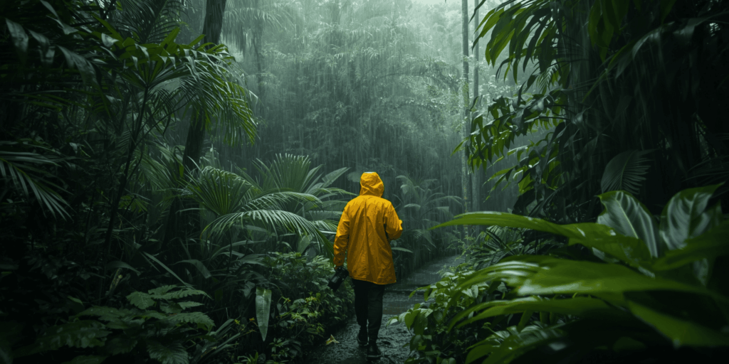 Petualang Indonesia berjalan di hutan tropis saat musim hujan mengenakan jas hujan kuning.