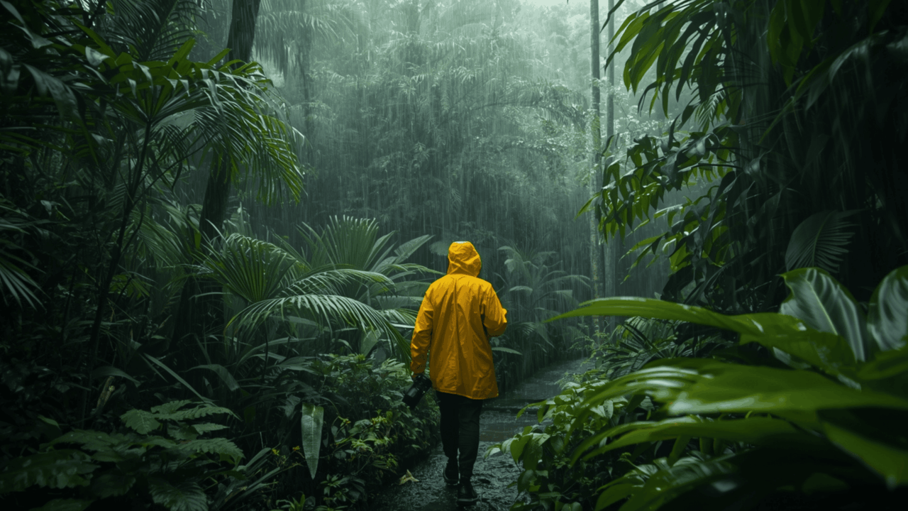 Petualang Indonesia berjalan di hutan tropis saat musim hujan mengenakan jas hujan kuning.