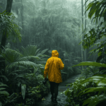 Petualang Indonesia berjalan di hutan tropis saat musim hujan mengenakan jas hujan kuning.