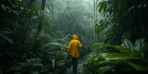 Petualang Indonesia berjalan di hutan tropis saat musim hujan mengenakan jas hujan kuning.