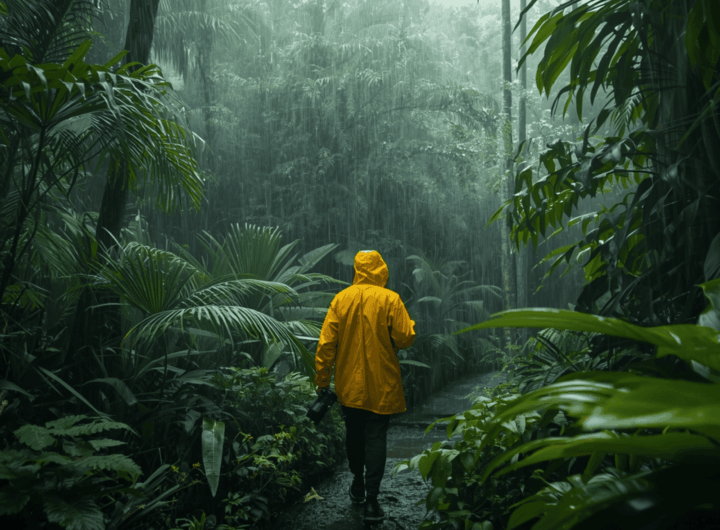 Petualang Indonesia berjalan di hutan tropis saat musim hujan mengenakan jas hujan kuning.